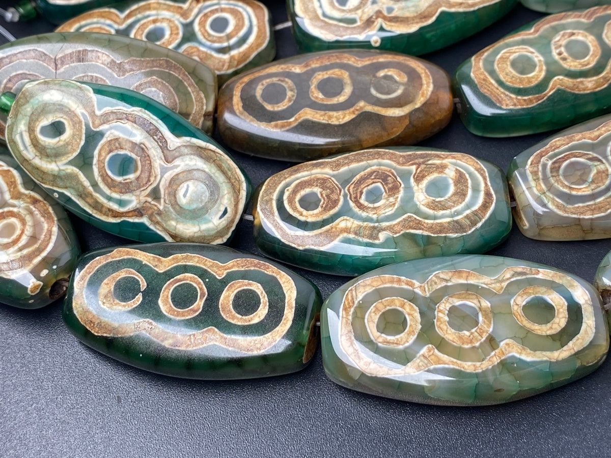 14" 22x40mm Antique green Bulk tibetan Dzi agate flat oval beads