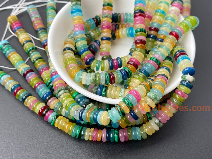 2x6mm Pink red Yellow green multi color jade stone Heishi beads, 15"