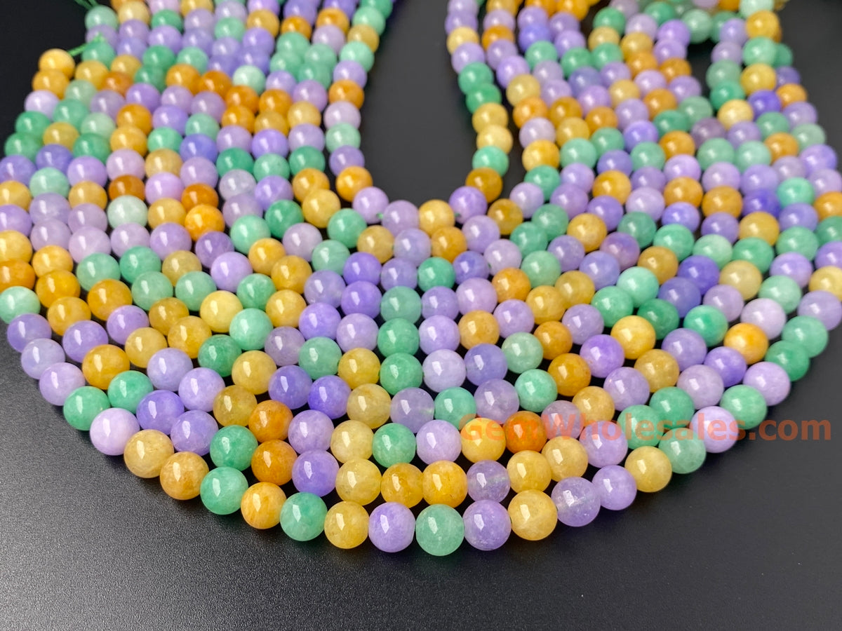 15“ 8mm Multi candy green yellow purple Malaysian jade Round beads