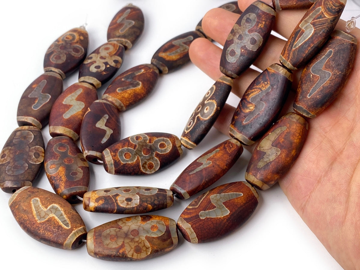 14" 22x40mm Antique Brown Tibetan Dzi agate oval beads flash flower