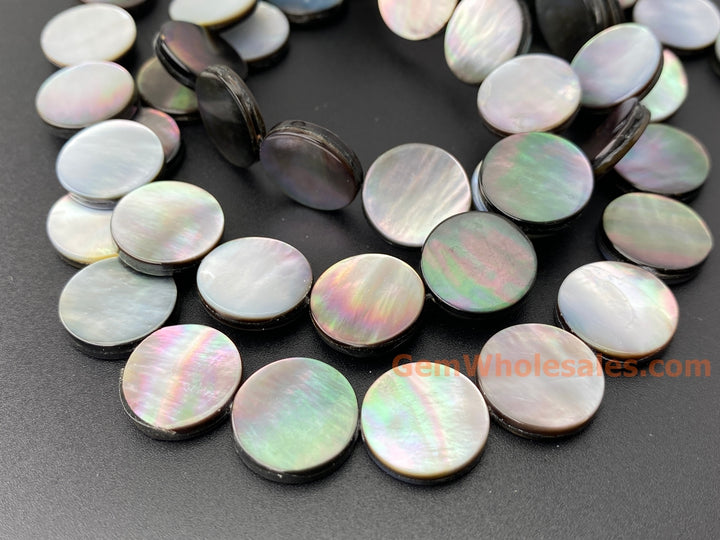 Natural black mother of pearl MOP 15mm coin beads, 15.5"