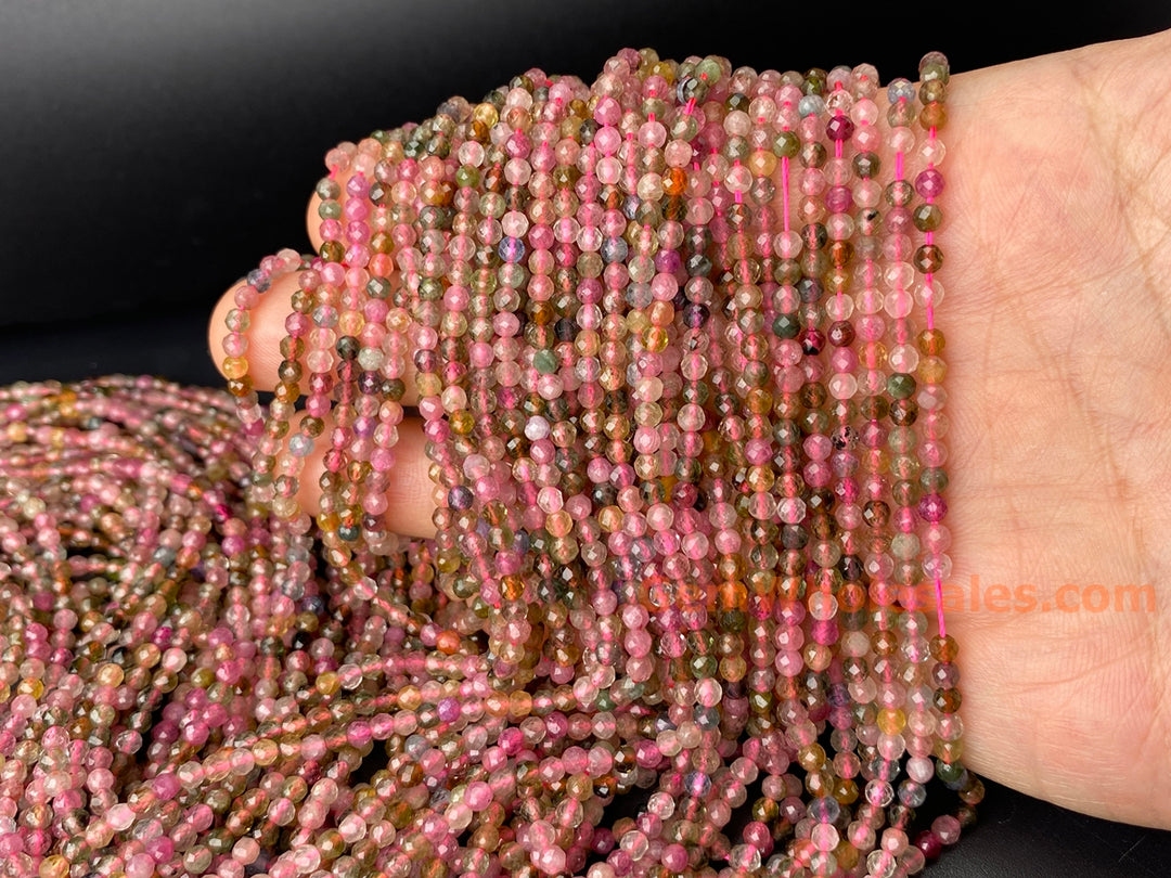 15.5" 3mm natural multi color Tourmaline round faceted gemstone beads