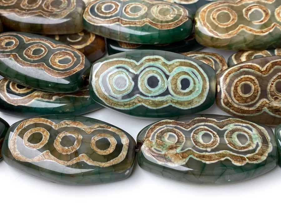14" 22x40mm Antique green Bulk tibetan Dzi agate flat oval beads