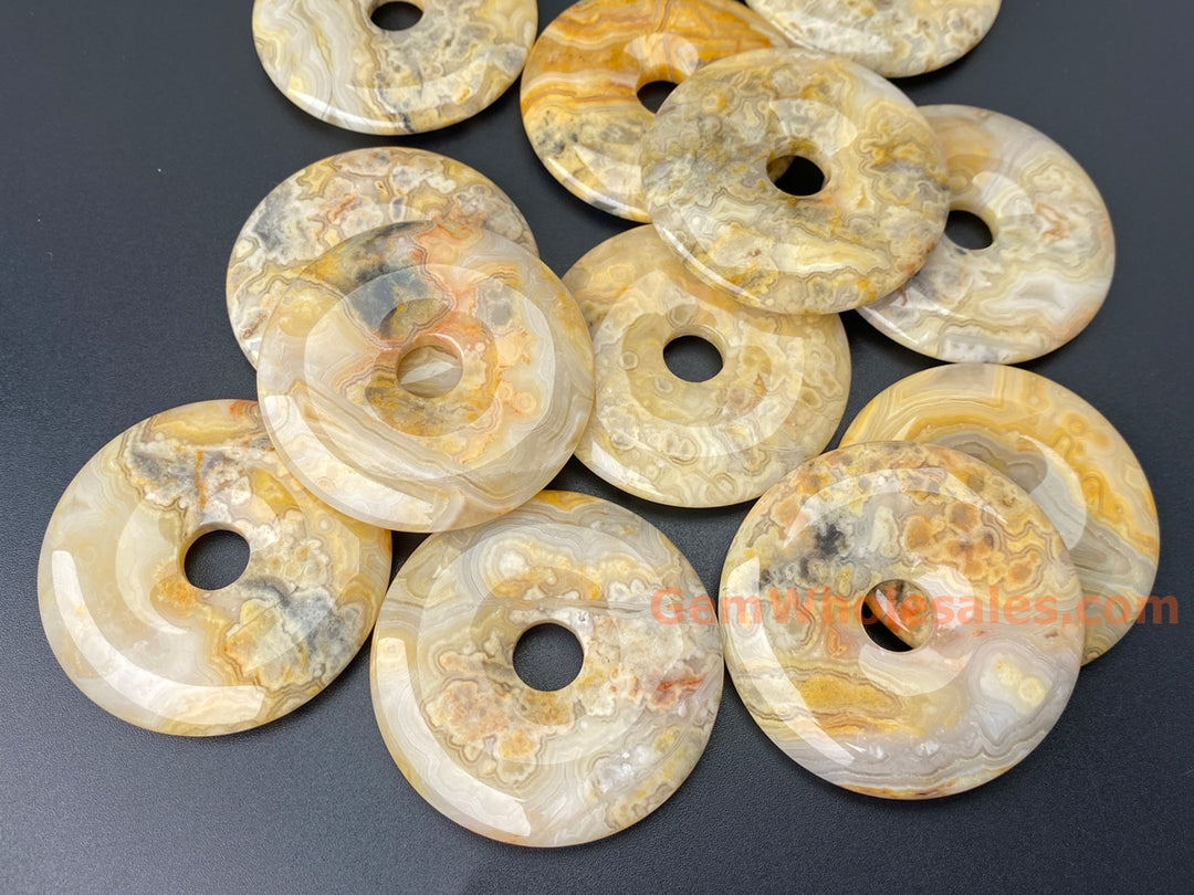 1PC 50mm natural yellow grey crazy agate Round donut pendant