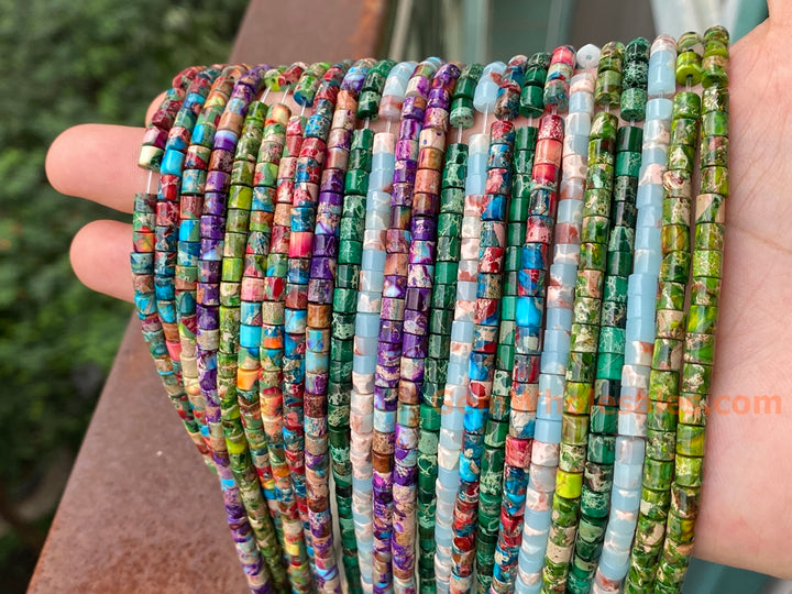 15.5" 4x4mm green Sea Sediment, Impression Jasper tube Heishi beads