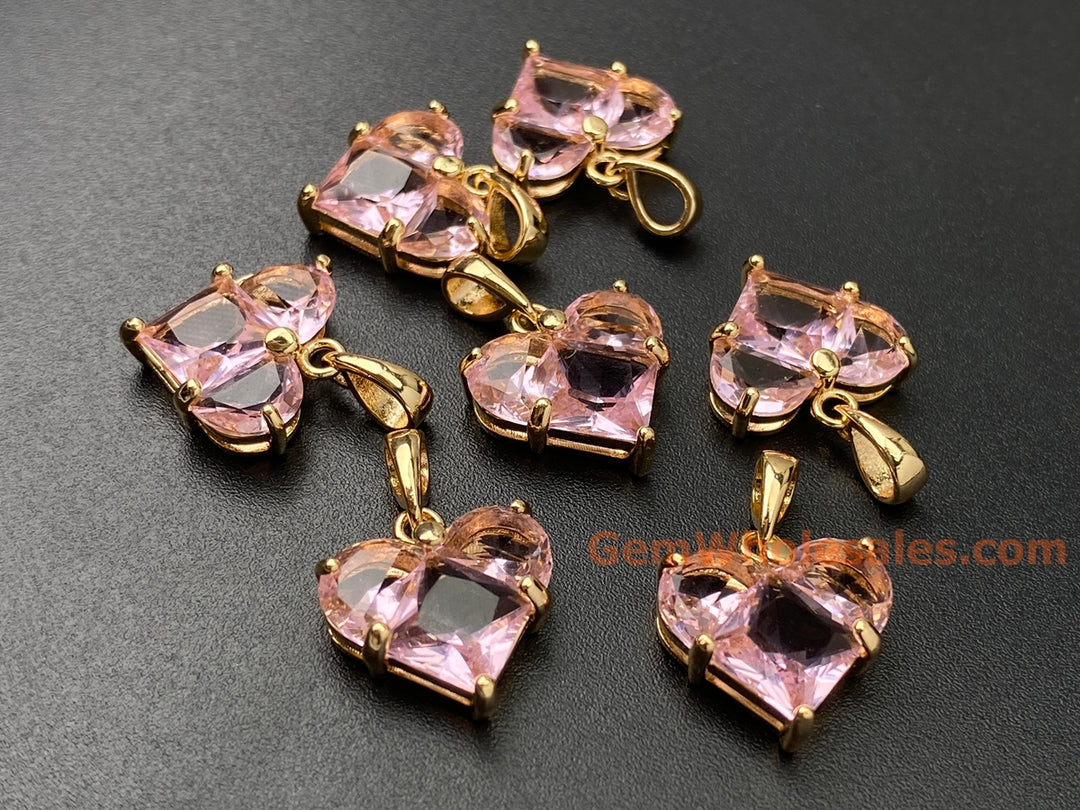 2PCS 14mm gold plated brass heart charms pendant, pink zircon heart