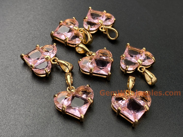 2PCS 14mm gold plated brass heart charms pendant, pink zircon heart