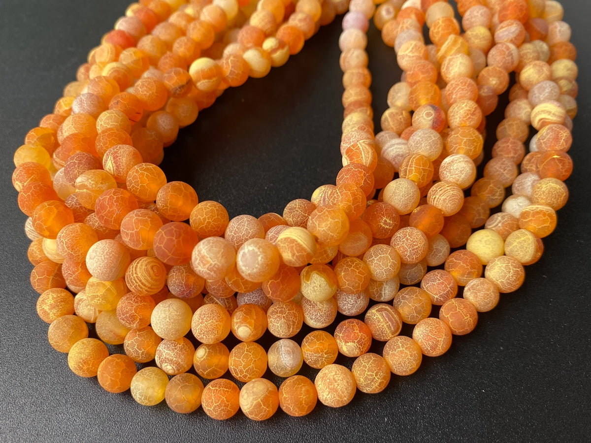 15" 6mm frosted orange dream fire dragon veins Agate Round beads