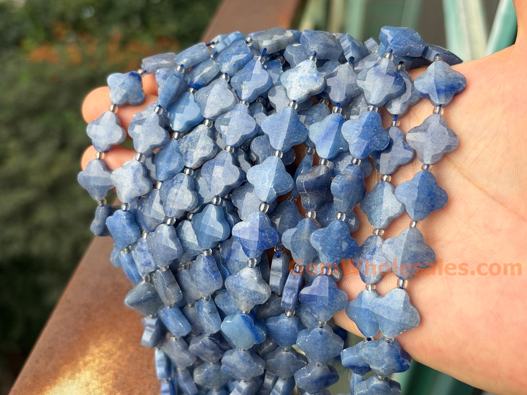 14mm Natural blue aventurine faceted Clover Beads, 15.5"
