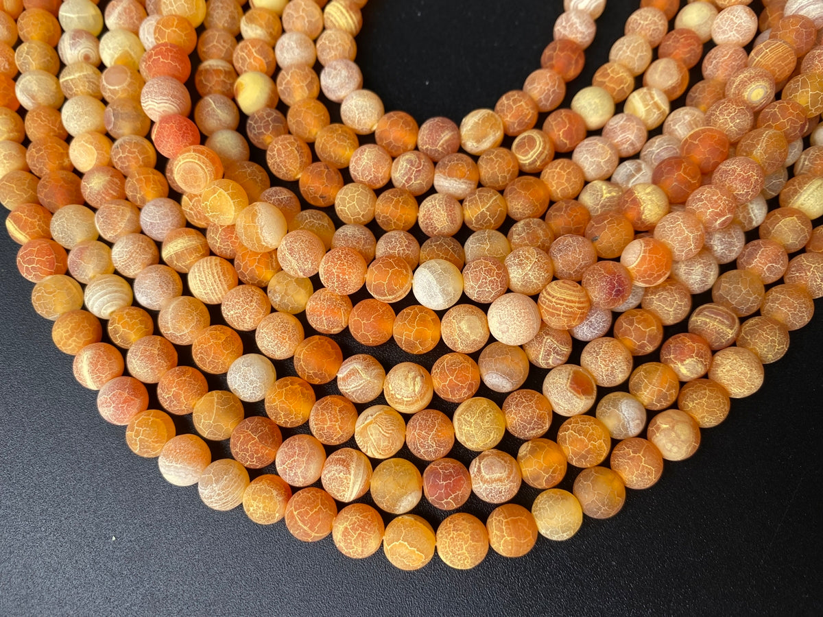 15" 6mm frosted orange dream fire dragon veins Agate Round beads