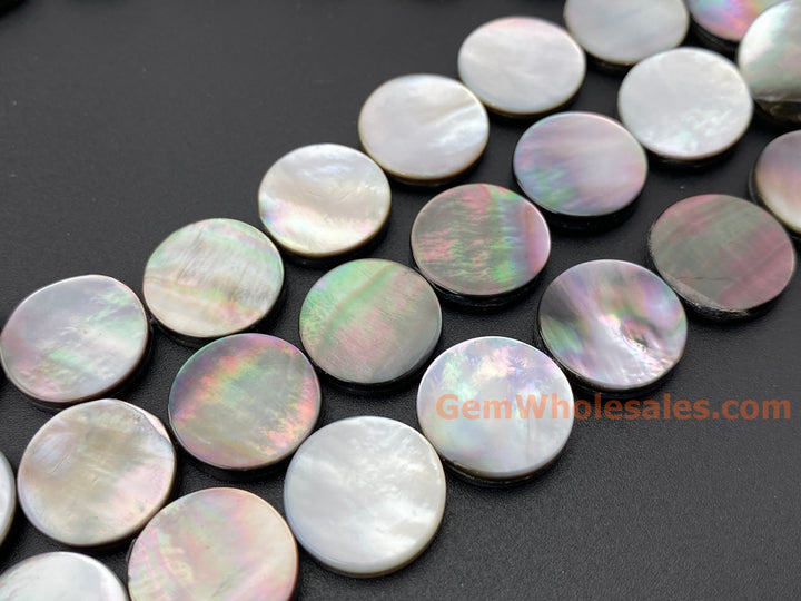 Natural black mother of pearl MOP 15mm coin beads, 15.5"