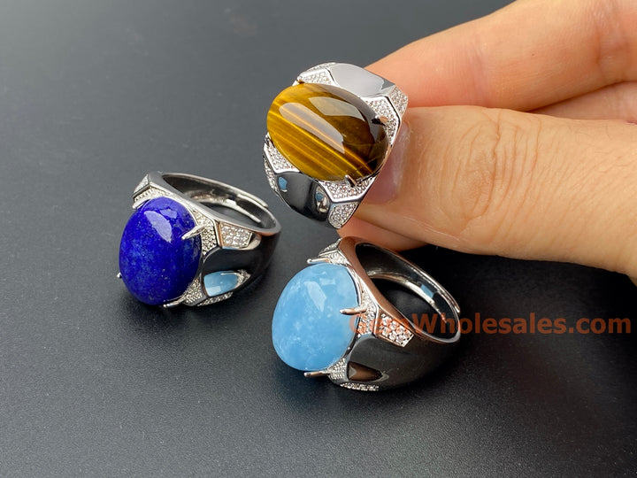 Adjustable Tiger's Eye Stone Ring, Men's Gemstone brass Ring, 13x18mm