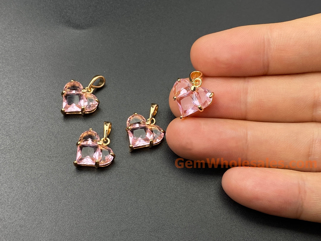 2PCS 14mm gold plated brass heart charms pendant, pink zircon heart