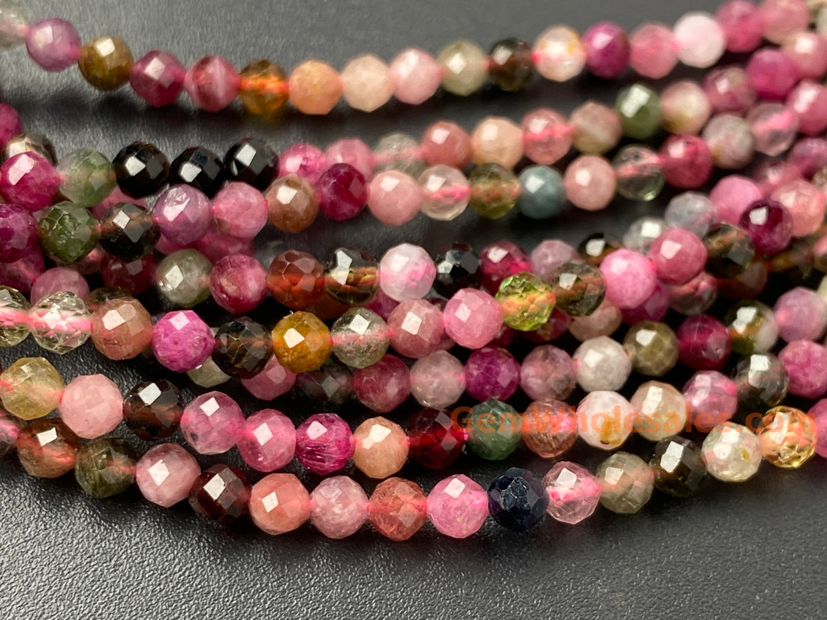 15.5" 3mm natural multi color Tourmaline round faceted gemstone beads