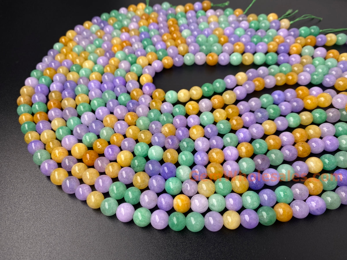 15“ 8mm Multi candy green yellow purple Malaysian jade Round beads