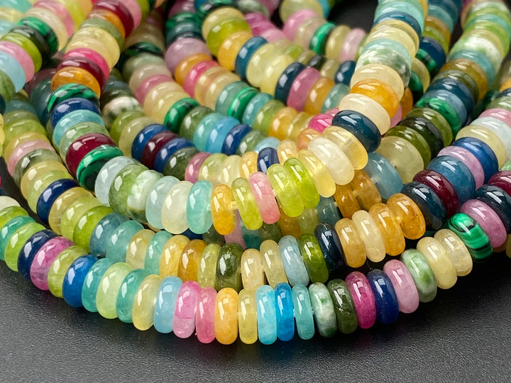2x6mm Pink red Yellow green multi color jade stone Heishi beads, 15"
