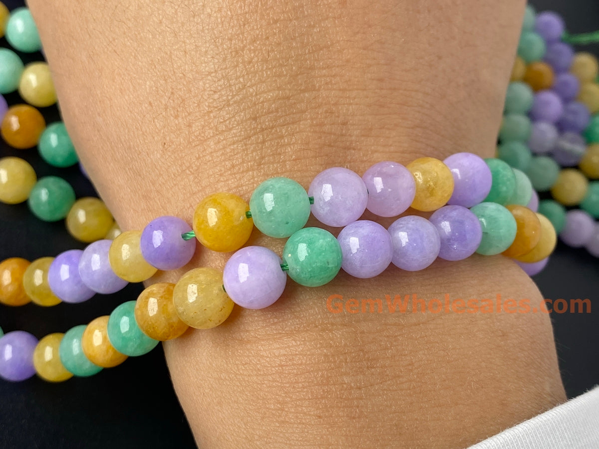 15“ 8mm Multi candy green yellow purple Malaysian jade Round beads