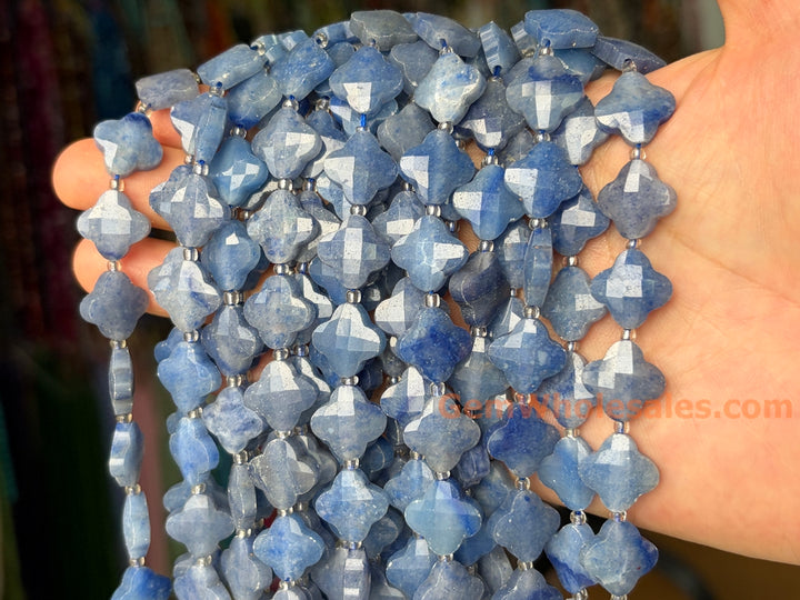 14mm Natural blue aventurine faceted Clover Beads, 15.5"