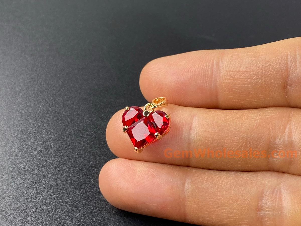 2PCS 14mm gold plated brass heart charms pendant, red zircon heart