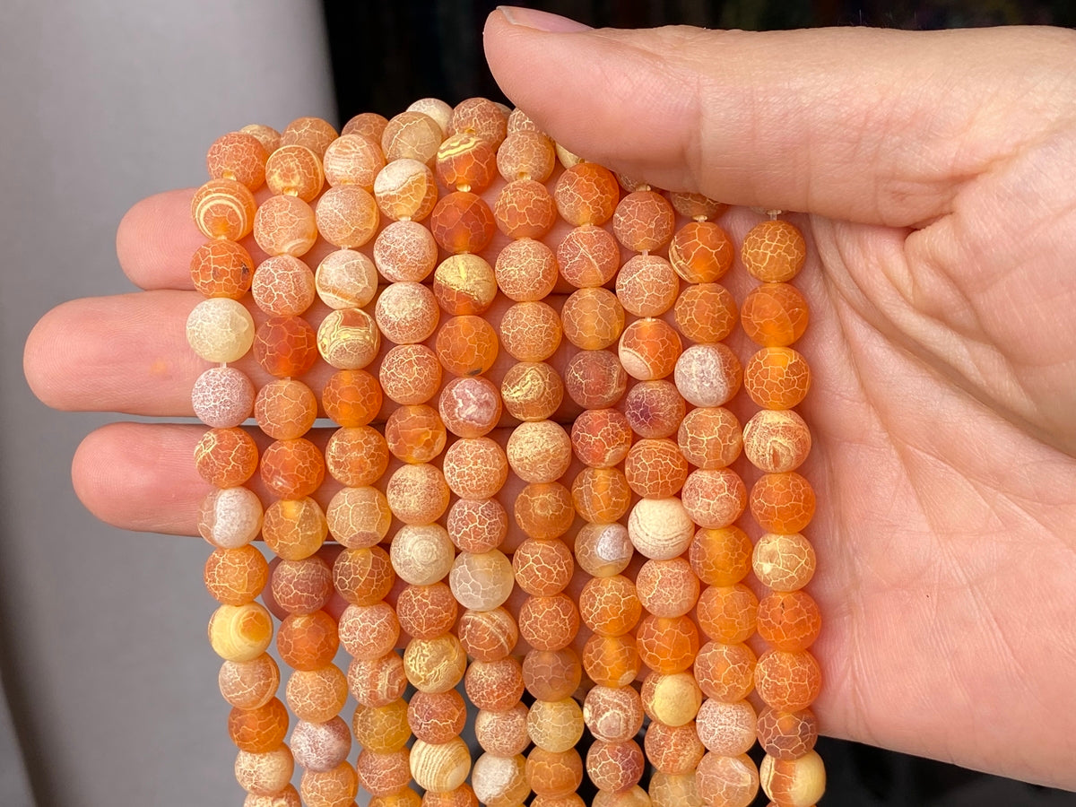 15" 6mm frosted orange dream fire dragon veins Agate Round beads