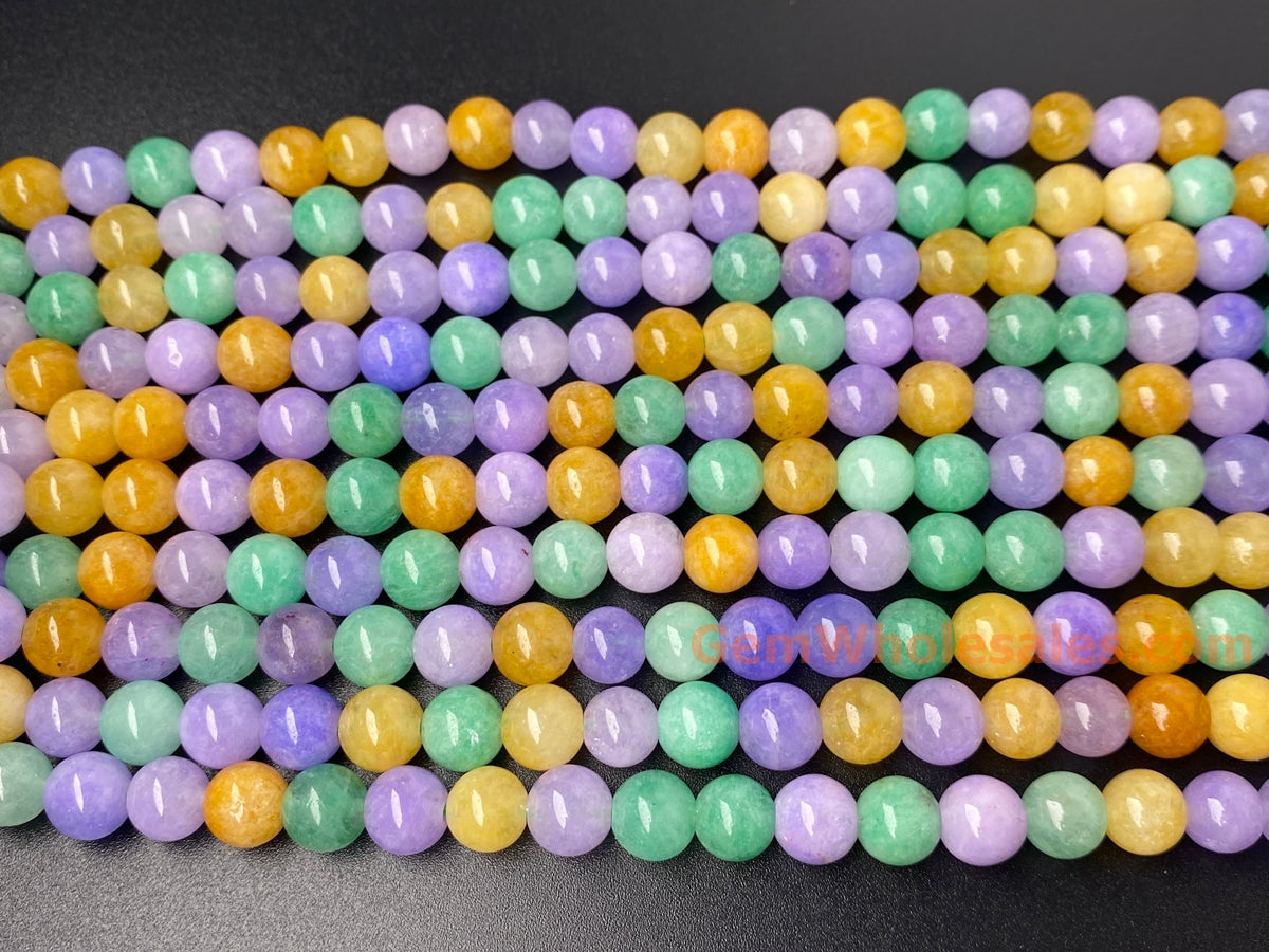 15“ 8mm Multi candy green yellow purple Malaysian jade Round beads