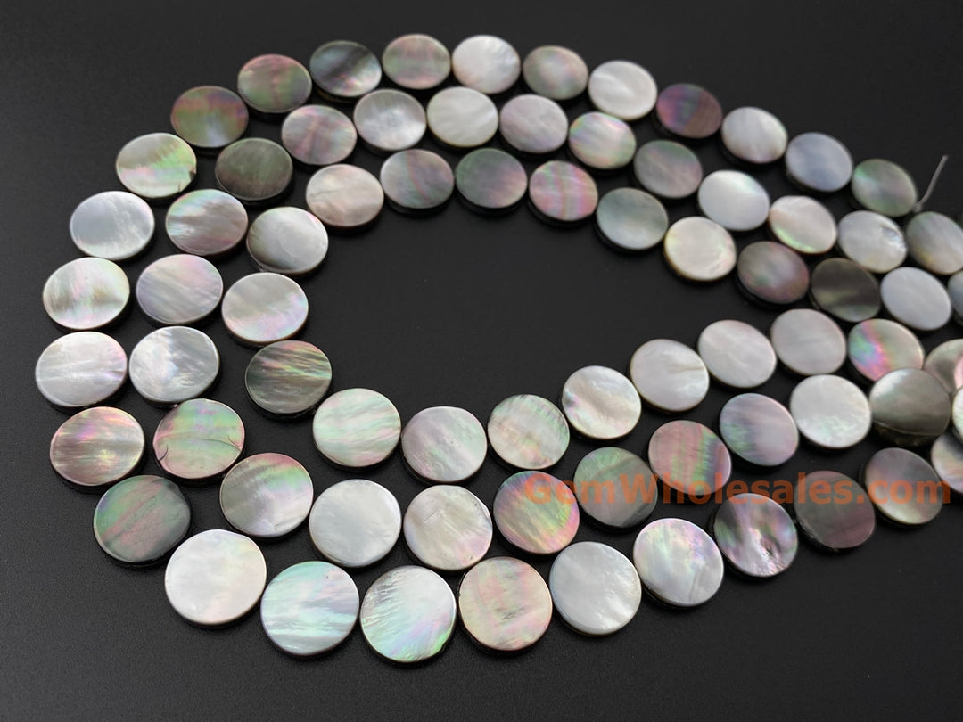 Natural black mother of pearl MOP 15mm coin beads, 15.5"