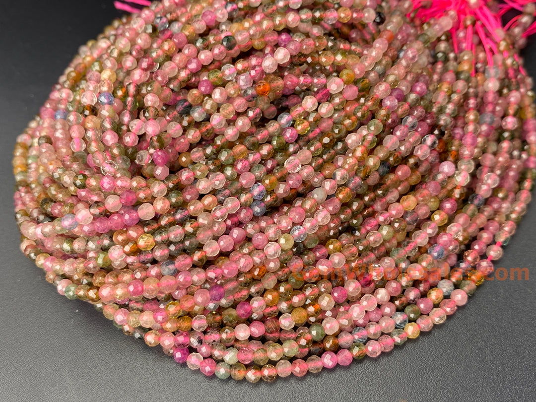 15.5" 3mm natural multi color Tourmaline round faceted gemstone beads