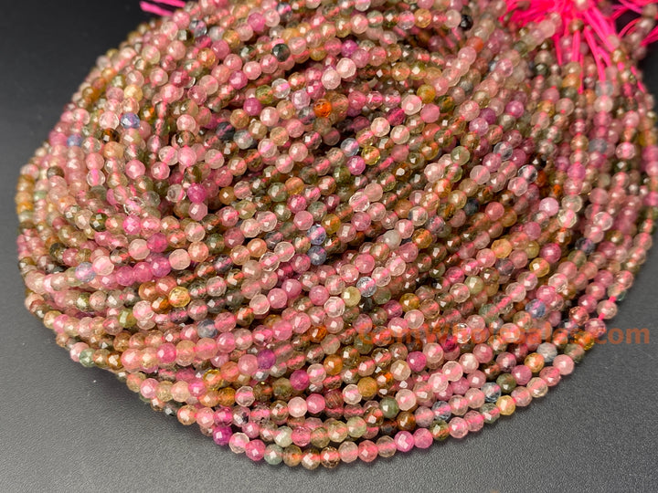 15.5" 3mm natural multi color Tourmaline round faceted gemstone beads