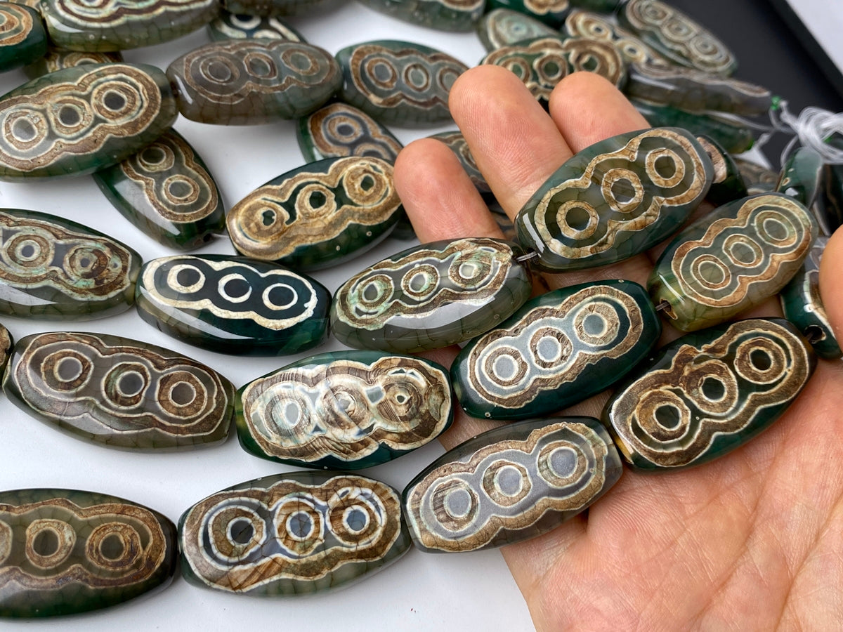 14" 22x40mm Antique green Bulk tibetan Dzi agate flat oval beads