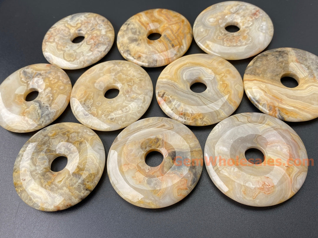 1PC 50mm natural yellow grey crazy agate Round donut pendant