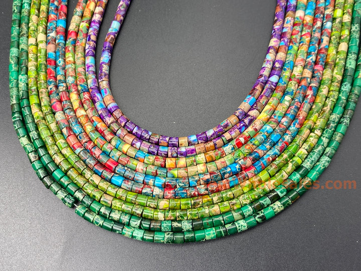 15.5" 4x4mm green Sea Sediment, Impression Jasper tube Heishi beads