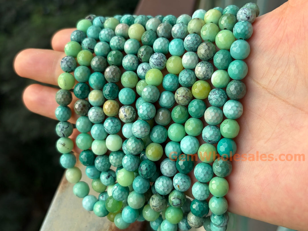 8mm/10mm Natural Moss Green Opal round 128 faceted, green grass agate