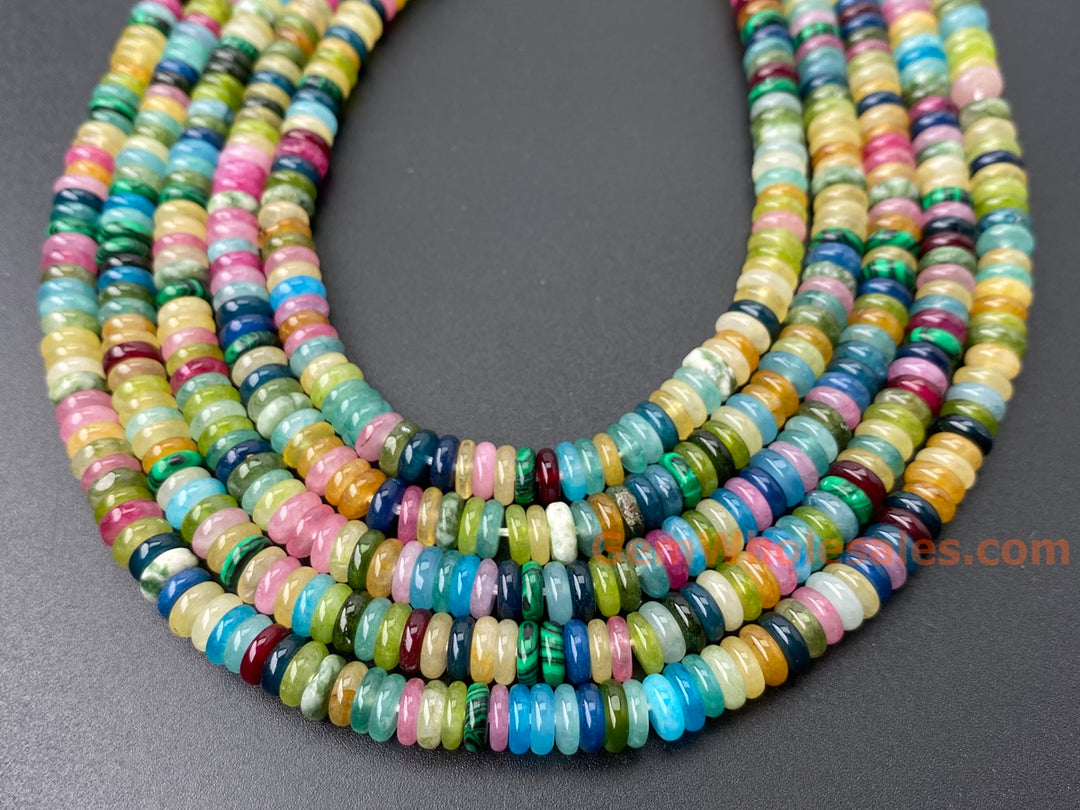 2x6mm Pink red Yellow green multi color jade stone Heishi beads, 15"