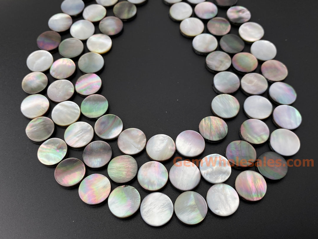Natural black mother of pearl MOP 15mm coin beads, 15.5"