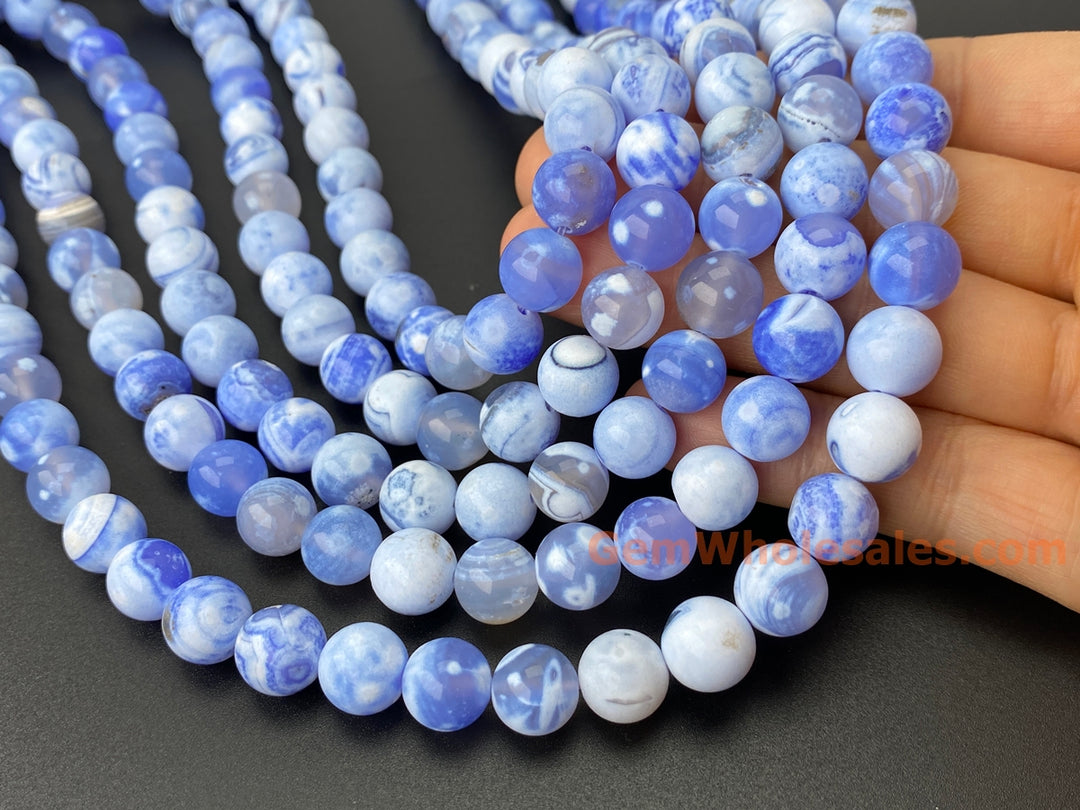 10mm white blue Dream Fire agate round beads, 15"