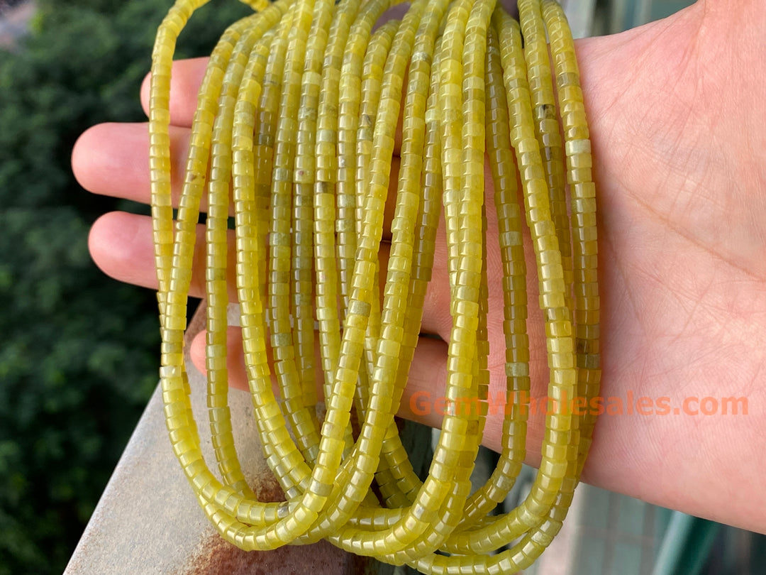 Perles de bijoux en pierre précieuse Heishi en jade vert jaune naturel de 15,5 pouces, 2 x 4 mm