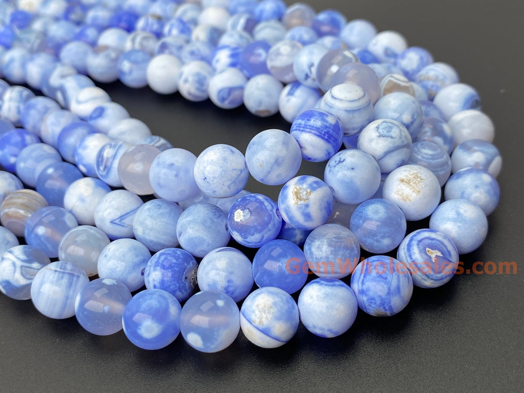 10mm white blue Dream Fire agate round beads, 15"