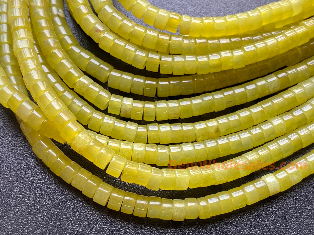Perles de bijoux en pierre précieuse Heishi en jade vert jaune naturel de 15,5 pouces, 2 x 4 mm