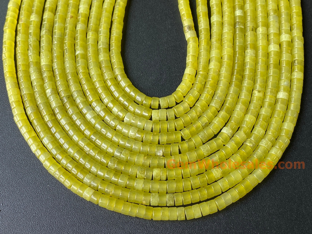 Perles de bijoux en pierre précieuse Heishi en jade vert jaune naturel de 15,5 pouces, 2 x 4 mm