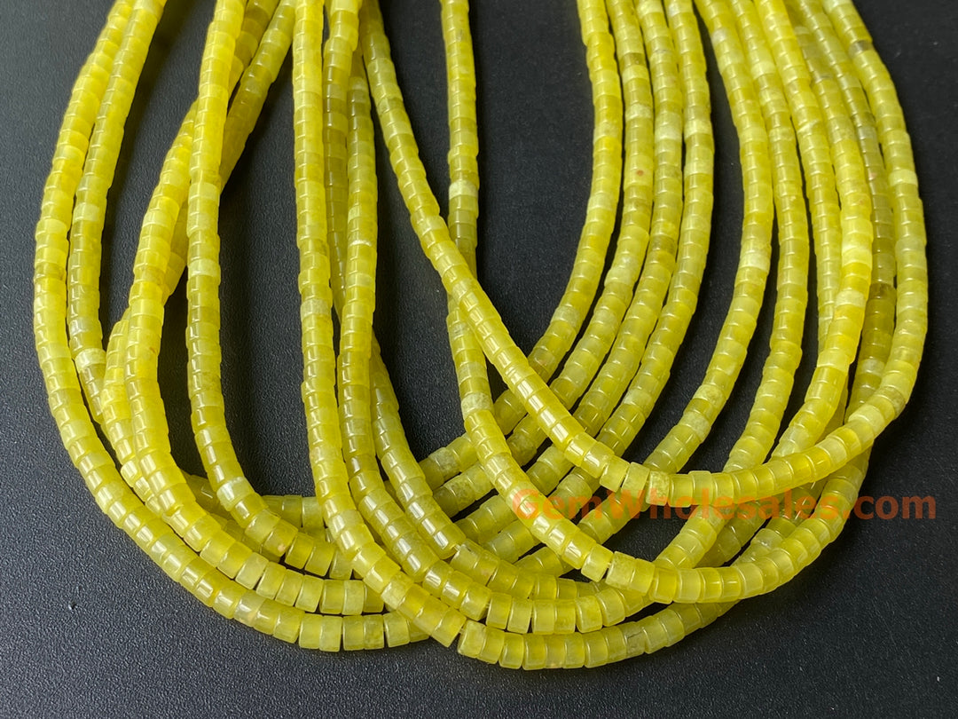 Perles de bijoux en pierre précieuse Heishi en jade vert jaune naturel de 15,5 pouces, 2 x 4 mm