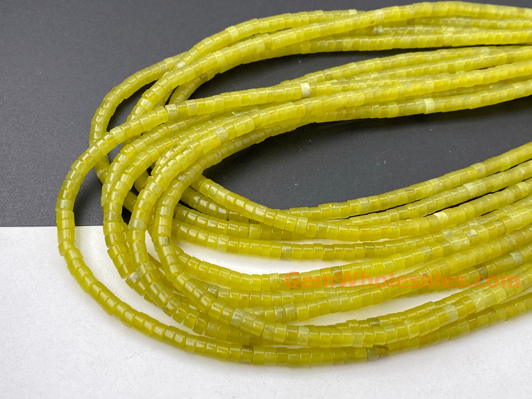 Perles de bijoux en pierre précieuse Heishi en jade vert jaune naturel de 15,5 pouces, 2 x 4 mm