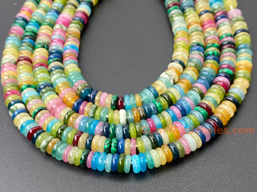 2x6mm Pink red Yellow green multi color jade stone Heishi beads, 15"