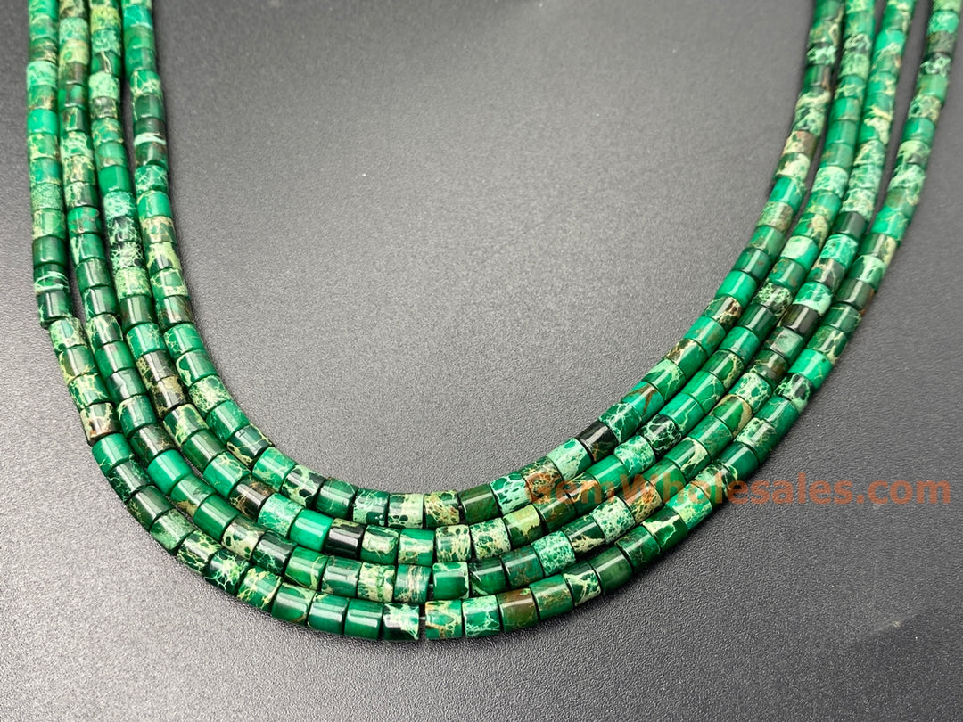 15.5" 4x4mm green Sea Sediment, Impression Jasper tube Heishi beads