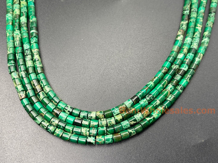 15.5" 4x4mm green Sea Sediment, Impression Jasper tube Heishi beads