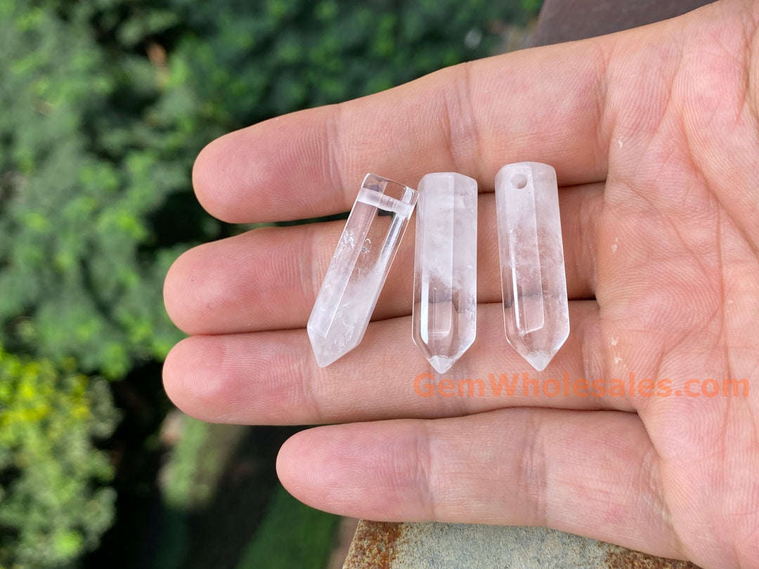 1PC 8x30mm Natural Clear Quartz Point Pendant, drilled Crystal Hexagonal Wand