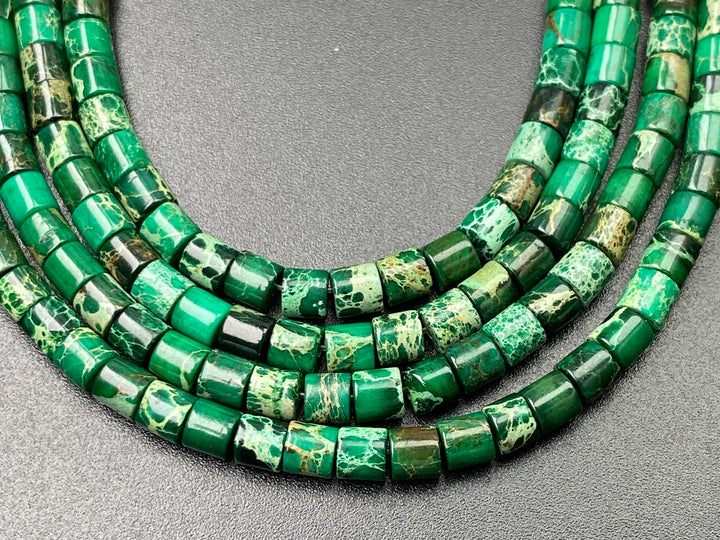 15.5" 4x4mm green Sea Sediment, Impression Jasper tube Heishi beads