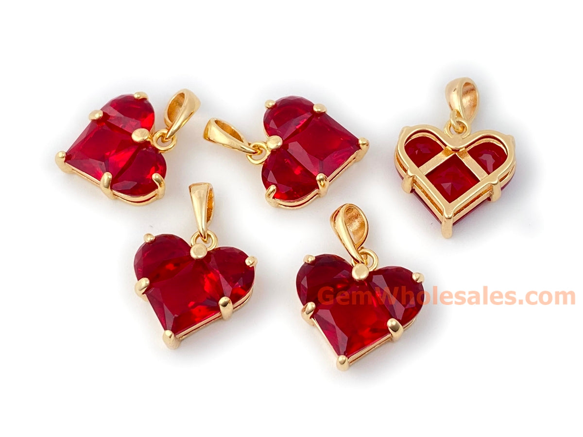 2PCS 14mm gold plated brass heart charms pendant, red zircon heart