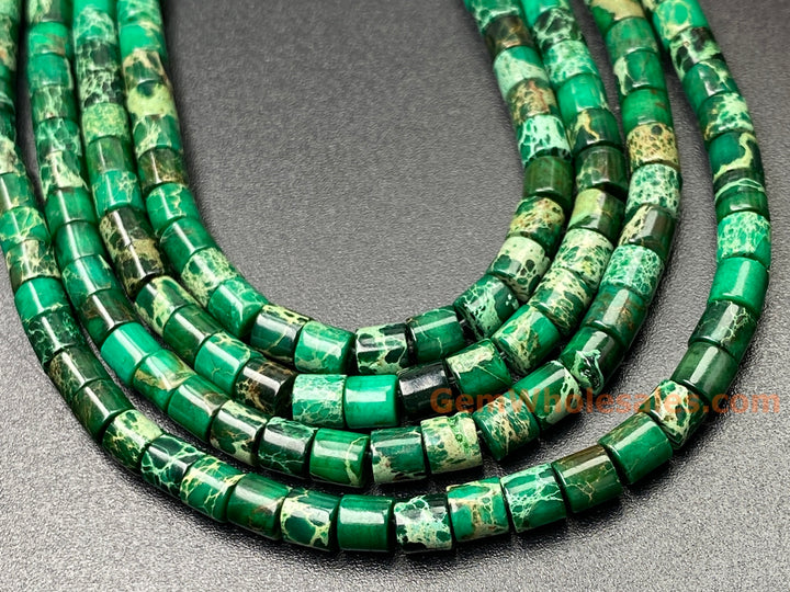 15.5" 4x4mm green Sea Sediment, Impression Jasper tube Heishi beads