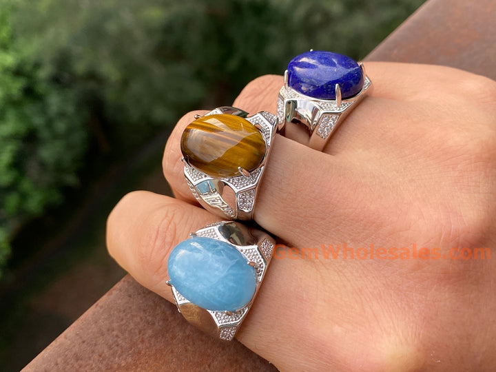 Adjustable Tiger's Eye Stone Ring, Men's Gemstone brass Ring, 13x18mm