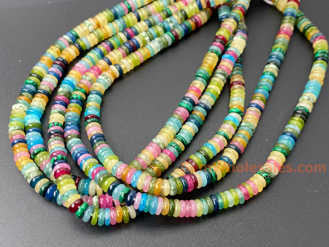 2x6mm Pink red Yellow green multi color jade stone Heishi beads, 15"
